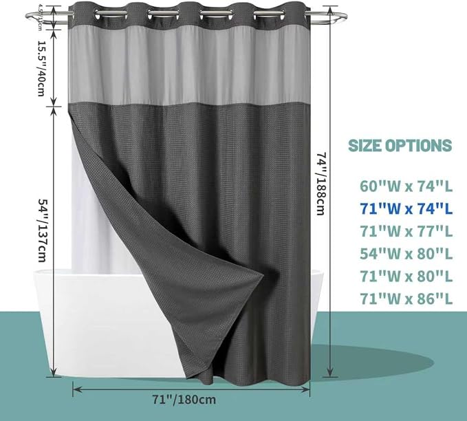 No Hook Waffle Shower Curtain with Snap-in Liner, 71x74 Inch, Charcoal | 230 GSM waffle weave fabric, waterproof liner set with 2 bottom magnets, mesh top window, washable, for bathroom or hotel use