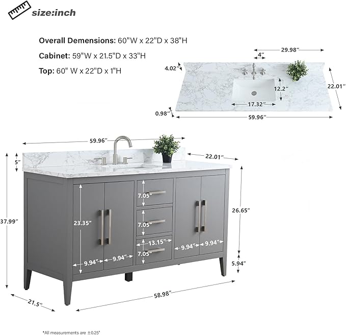 HOMEBEYOND 60 Inch Bathroom Vanity with Sink & Ceramic Top, Single Vanity Cabinet with Basin, Soft-Closing Doors & Matte Black Hardware, Grey