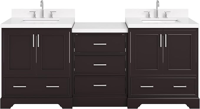 ARIEL Stafford 84-inch Bathroom Vanity with Sink,Solid Wood, 1.5in Carrara White Quartz Countertop, Double Rectangular Porcelain Sink, 4 Soft Closing Doors, 5 Dovetail Drawers, Espresso