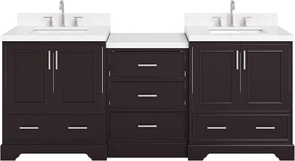 ARIEL Stafford 84-inch Bathroom Vanity with Sink,Solid Wood, 1.5in Carrara White Quartz Countertop, Double Rectangular Porcelain Sink, 4 Soft Closing Doors, 5 Dovetail Drawers, Espresso