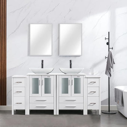 eclife 72" Modern Bathroom Vanity Sink Combo Freestanding Cabinet with Small Side Cabinet, White Curved Ceramic Vessel Sink, Water Save Faucet, Drain (White+T32)