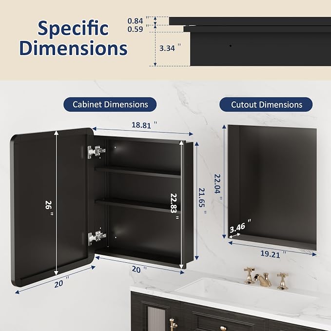 Medicine Cabinet Mirror 20x26 Inch, Black Bathroom Mirror Cabinet with Stepless Adjustable Shelves, Rounded Rectangle Metal Framed, Bathroom Mirror with Storage Recessed or Wall Mount