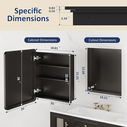 Medicine Cabinet Mirror 20x26 Inch, Black Bathroom Mirror Cabinet with Stepless Adjustable Shelves, Rounded Rectangle Metal Framed, Bathroom Mirror with Storage Recessed or Wall Mount