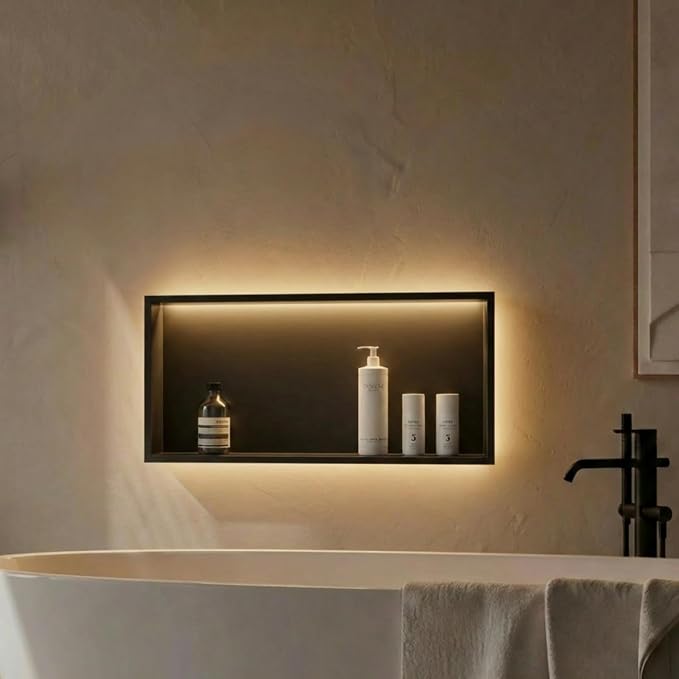 304 Stainless Steel LED Recessed Black Shower Niche 12"x30" Wall-Inserted | Waterproof Rustproof Bathroom Shower Niche Insert No Tile Needed, for Shower & Bathroom Storage