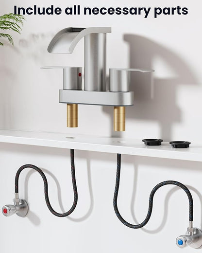 gotonovo 4 Inch Centerset Waterfall Bathroom Sink Faucet Deck Mount 2 Handle Basin Faucets 2 or 3 Hole with Pop Up Drain Included Lavatory Modern Mixer Tap Vanity Faucet Brushed Nickel