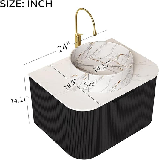 LKTART 24 Inch Floating Bathroom Vanity with Sink, Modern Wall Mounted Bathroom Storage Cabinet with Drawer, Stone Pattern Round White Ceramic Sink Top and Marble Texture Top, Black