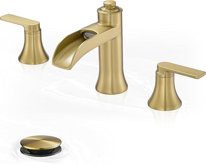 Brushed Gold Bathroom Faucet, 8 Inch Waterfall Bathroom Sink Faucet, Brass Widespread 3 Hole Bathroom Faucets, 2 Handles Faucets for Bathroom Sinks with Pop-up Drain for Vanity
