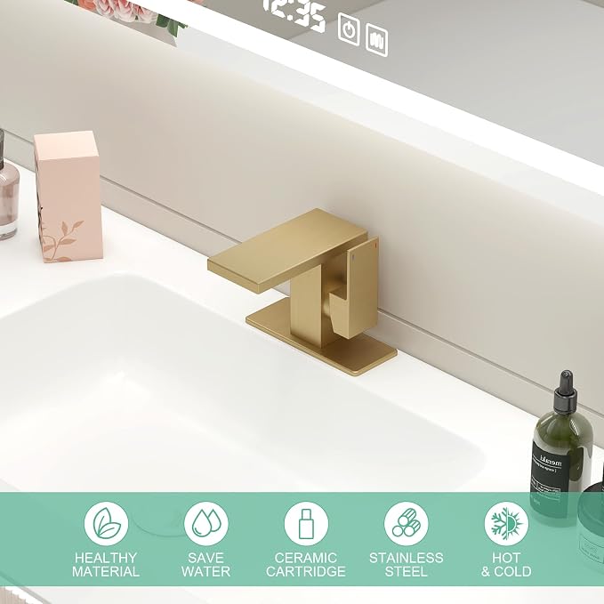 Hoimpro Bathroom Faucet 1 Hole, Single Handle Sink Faucets Brushed Gold | Widespread Vanity Faucet with 6 Inch Deck Plate Pop-up Drain & cUPC Supply Line Stainless Steel, for Vanity RV Restroom