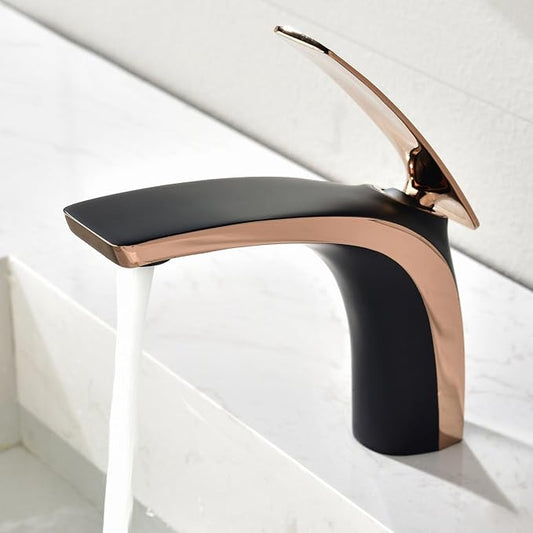 Single Handle Bathroom Faucets Brass Single Hole Faucet for Bathroom Sink Hot Cold Black + Rose Gold
