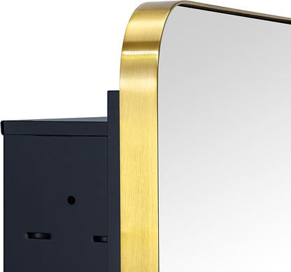 Brushed Gold Rectangle Recessed Bathroom Medicine Cabinet with Mirror Stainless Steel Metal Framed Rounded Rectangular Bathroom Cabinet with Mirror 16x24''