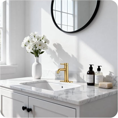 Brushed Gold Bathroom Faucet Single Handle Bathroom Sink Faucet | with Pop-up Drain & Deck,Supply Hoses,Stainless Steel Bathroom Sink Faucet 1/3 Hole,Water-saving aerator,Fits home,RV