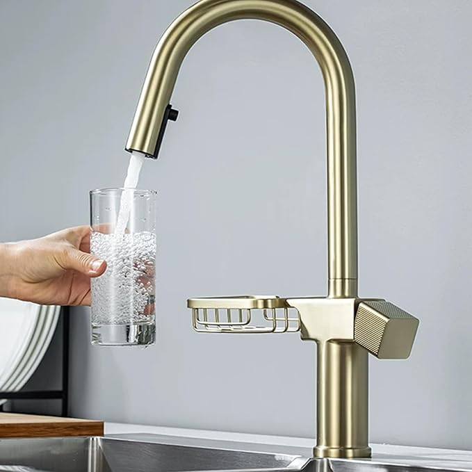 JRUIA Gold Extendable Bathroom Faucet, 360° Swivel Brass Faucet, Kitchen and Sink Mixer Tap, Modern Faucet with Soap Holder,Gold