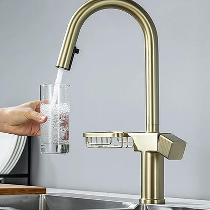JRUIA Gold Extendable Bathroom Faucet, 360° Swivel Brass Faucet, Kitchen and Sink Mixer Tap, Modern Faucet with Soap Holder,Black