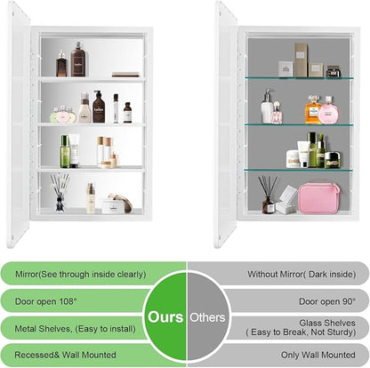 White Bathroom Medicine Cabinet with Mirror 17 x 27 Metal Frame Recessed Or Wall Mounted Single Door Storage Medicine Cabinets with Adjustable Shelves Rounded Corner Beveled Mirrors