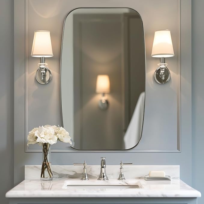 Brushed Nickel Bathroom Mirror, Large 24x36’’ Brushed Nickel Metal Framed Oblong Wall Mirror, Modern Nickel Oval Vanity Mirror