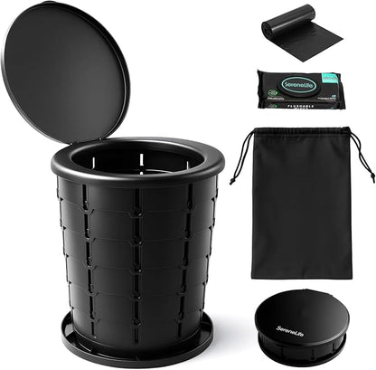 SereneLife Foldable Toilet Seat for Camping, Adjustable Height Portable Travel Potty with Lid, Carry Bag, Non-Slip Base, 331 lbs Capacity + 3-Pack Flushable Wipes, for Car, Hiking, Outdoor Use, Black