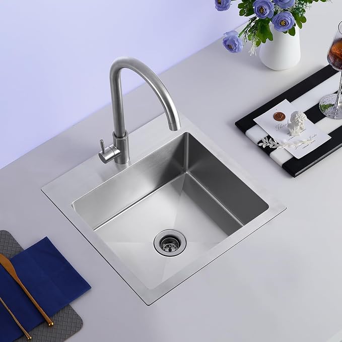 Handmade 15"x15" RV Drop-in Bar Sink Stainless Steel 2" Drain Hole | Compact Top Mount Basin, Suitable for RV, Campervan, Caravan, Boat, Mobile Tiny Kitchen