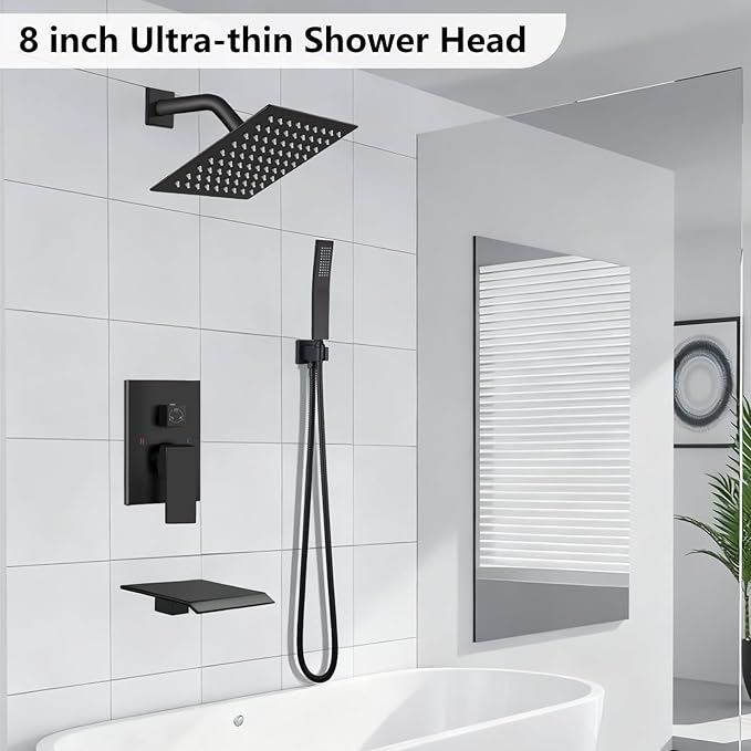 Midanya Shower System with Tub Spout,8 Inch Shower Head,Matte Black | with Valve & Trim Kit,Square Rain Head,Handheld Sprayer,Waterfall Spout,All Metal Wall Mount Bathroom Shower Tub Faucet Set