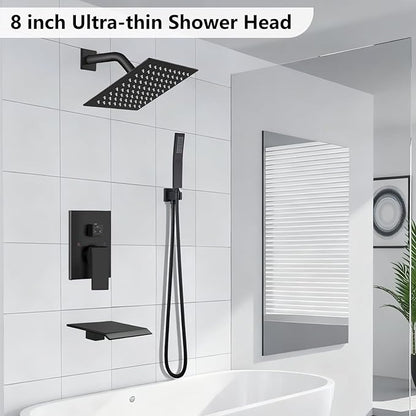 Midanya Shower System with Tub Spout,8 Inch Shower Head,Matte Black | with Valve & Trim Kit,Square Rain Head,Handheld Sprayer,Waterfall Spout,All Metal Wall Mount Bathroom Shower Tub Faucet Set