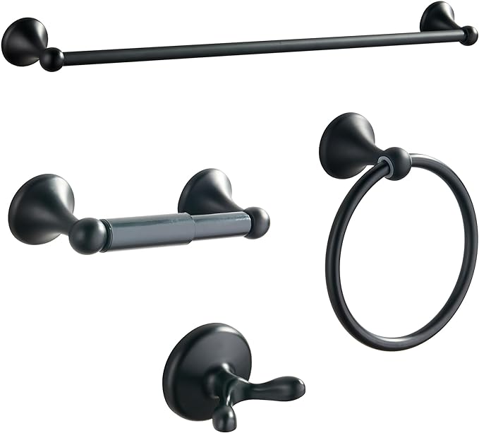 BGL Bathroom Accessory Set, Matte Black Adjustable Expandable Towel Bar 4-Piece Bathroom Hardware Set Wall Mounted Robe Hook Toilet Paper Holder Towel Ring Towel Bar