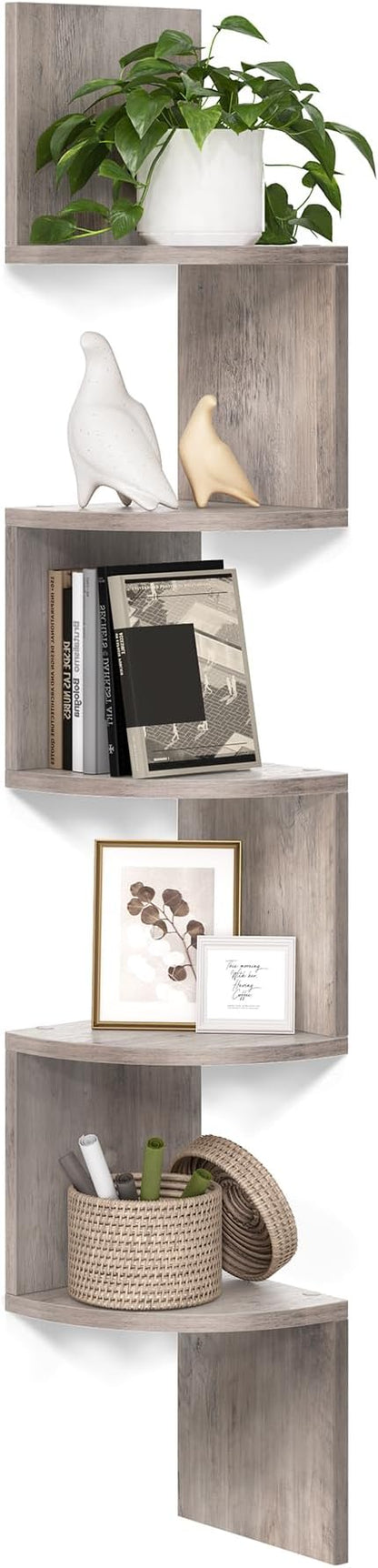 VASAGLE Corner Shelf Wall Mount, 5-Tier Floating Corner Bookshelf, Plant Shelf for Bedroom, Living Room, Bathroom, Home Office, Heather Greige