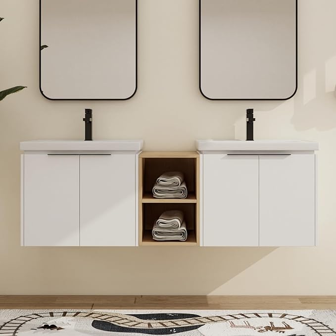 Malwee 60" Floating Bathroom Vanity with White Ceramic Basin Sink Top, 60 Inch Double Sink Wall Mounted Bathroom Vanity, with 4 Doors and Storage Shelve.MA07460