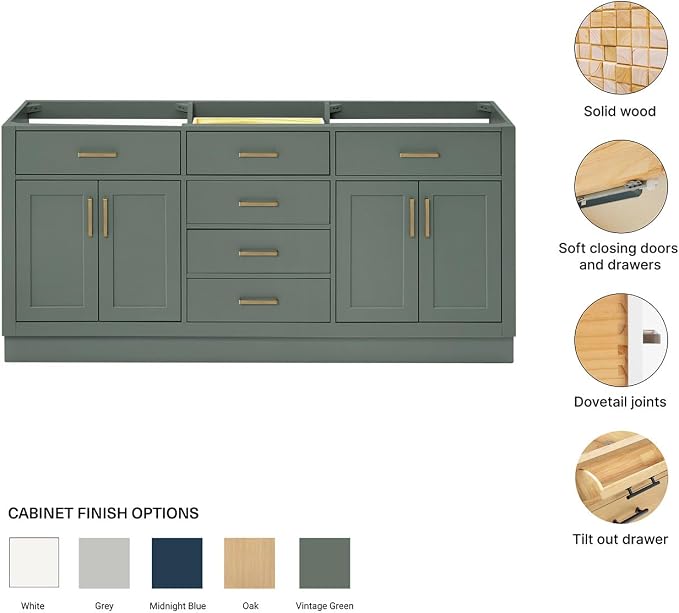 ARIEL Hepburn 72-inch Bathroom Vanity Base Cabinet,Solid Wood, 4 Soft Closing Doors, 6 Dovetail Drawers, Vintage Green