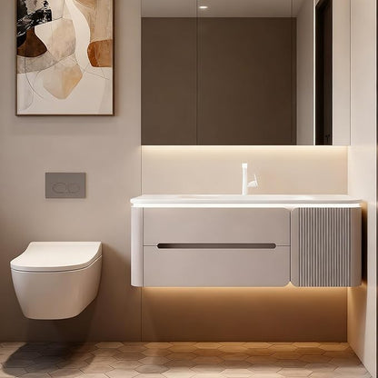 Modern wall mounted bathroom vanity, floating bathroom vanity with sink with double drawers, striped panel design, ceramic integrated basin, easy installation, suitable for small spaces (39.4in)