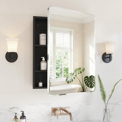 Medicine Cabinet Mirror 24x30 Inch, Chrome Bathroom Mirror Cabinet with Stepless Adjustable Shelves, Stainless Steel Frame, Bathroom Mirror with Storage Recessed or Wall Mount