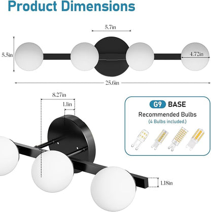 Lightdot 4 Light Bathroom Vanity Light, 26" Modern Black Vanity Lights with Globe Water/Shatterproof PC Lampshade, Rust-Proof Bathroom Light Fixtures Over Mirror for Kitchen Hallway Cabinet Porch