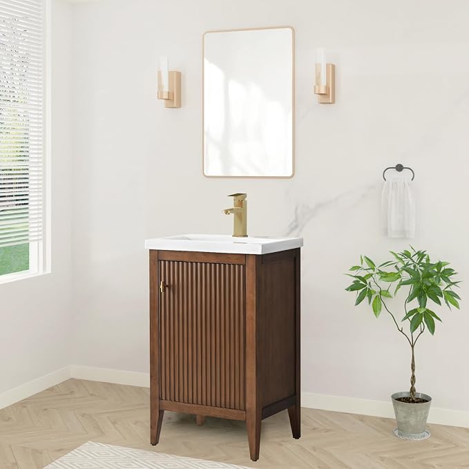 20" Bathroom Vanity with Ceramic Sink, Solid Wood Free-Standing Vanities Cabinet, Ceramic Top, Golden Brushed Handware & Soft Closing Door, Walnut