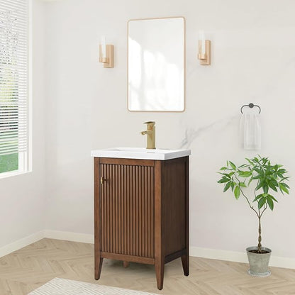 20" Bathroom Vanity with Ceramic Sink, Solid Wood Free-Standing Vanities Cabinet, Ceramic Top, Golden Brushed Handware & Soft Closing Door, Walnut