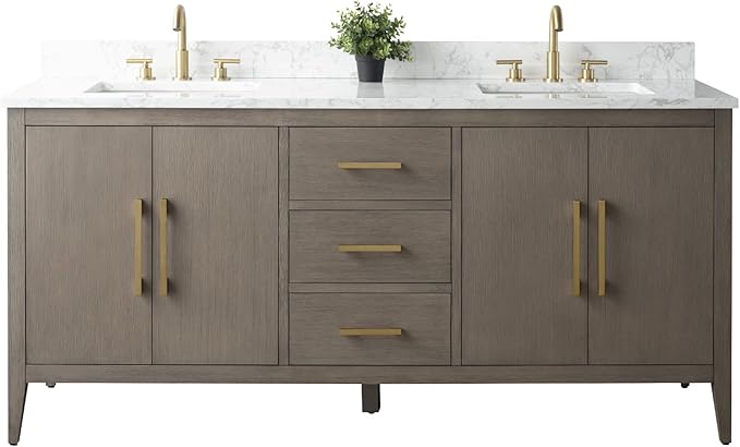 Vanity Art 72 inch Bathroom Vanity with Double Sink & Ceramic Top, Vanity Cabinet with Soft-Closing Doors, Drawers, Solid Wood Frame, Driftwood Gray, Golden Brushed Handware
