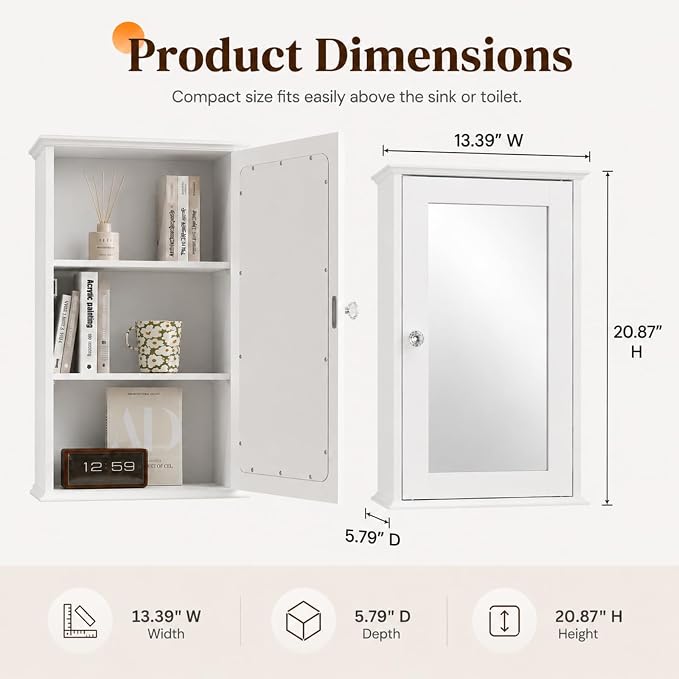 Bonnlo White Mirrored Medicine Cabinet - Wall Mounted Bathroom Storage Organizer with Single Door, 2 Adjustable Shelves & Magnetic Lock, Small Vanity Cabinet for Over the Toilet/Sink
