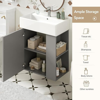 22" Small Bathroom Vanity with Sink, Floating Vanity for Bathrooms with Soft-Close Door and Open Shelf, Wall Mounted Narrow Bathroom Vanities for Compact Bathrooms (Gray,22" Floating Right Shelf)