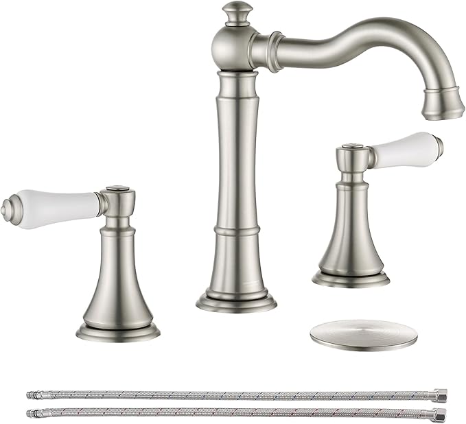 Porcelain 2-Handle Bathroom Faucets Brushed Nickel 8 inch Widespread with Plastic Pop-Up Drain & 2Pcs Water Supply Lines, Classical Vanity Sink Faucet for 3 Holes, 360° Swivel Brass Spout
