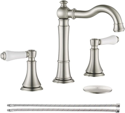 Porcelain 2-Handle Bathroom Faucets Brushed Nickel 8 inch Widespread with Plastic Pop-Up Drain & 2Pcs Water Supply Lines, Classical Vanity Sink Faucet for 3 Holes, 360° Swivel Brass Spout