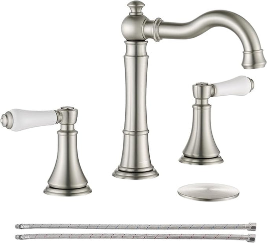 Porcelain 2-Handle Bathroom Faucets Brushed Nickel 8 inch Widespread with Plastic Pop-Up Drain & 2Pcs Water Supply Lines, Classical Vanity Sink Faucet for 3 Holes, 360° Swivel Brass Spout