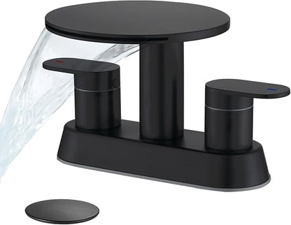 Matte Black Bathroom Sink Faucet, 4 Inch Waterfall Centerset | 3 hole bathroom faucet, two handle vanity fixture, round storage shelf, metal pop-up drain, vanity remodel installation