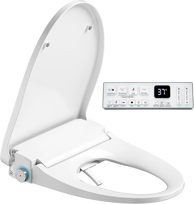 Electric Heated Bidet Warmer Water Toilet Seat Elongated with Bubble Wash, Warm Air Dryer, Endless Warmer Water, Remote Control, Curved Spray Bar, 70" Power Cord, Clean Water