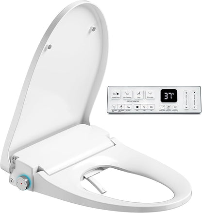 Electric Heated Bidet Warmer Water Toilet Seat Elongated with Bubble Wash, Warm Air Dryer, Endless Warmer Water, Remote Control, Curved Spray Bar, 70" Power Cord, Clean Water