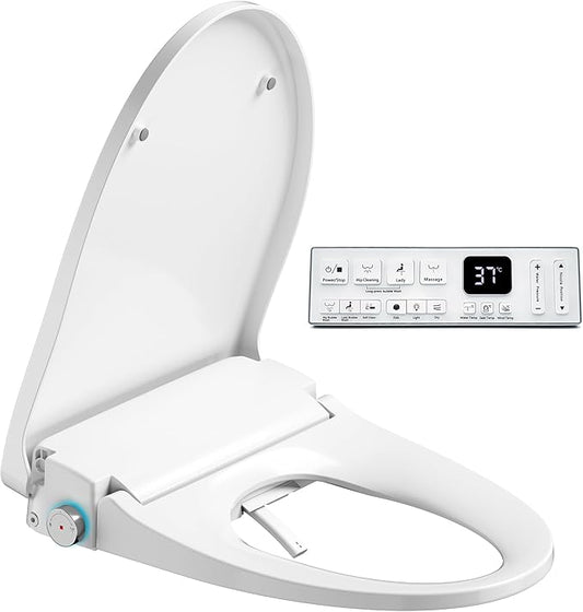Electric Heated Bidet Warmer Water Toilet Seat Elongated with Bubble Wash, Warm Air Dryer, Endless Warmer Water, Remote Control, Curved Spray Bar, 70" Power Cord, Clean Water