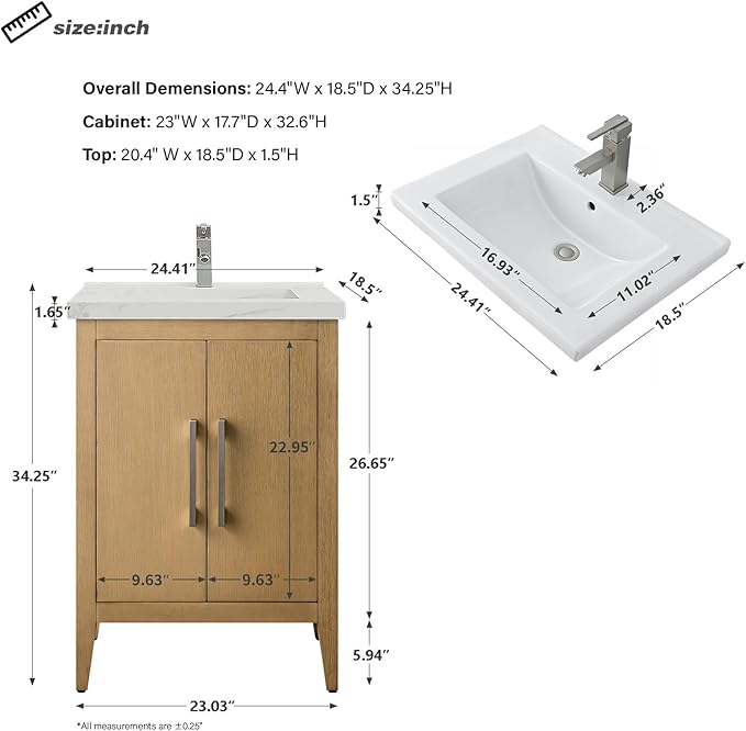 HomeBeyond 24 Inch Bathroom Vanity with Sink & Ceramic Top, Single Vanity Cabinet with Basin, Soft-Closing Doors & Matte Black Hardware, Natural Oak