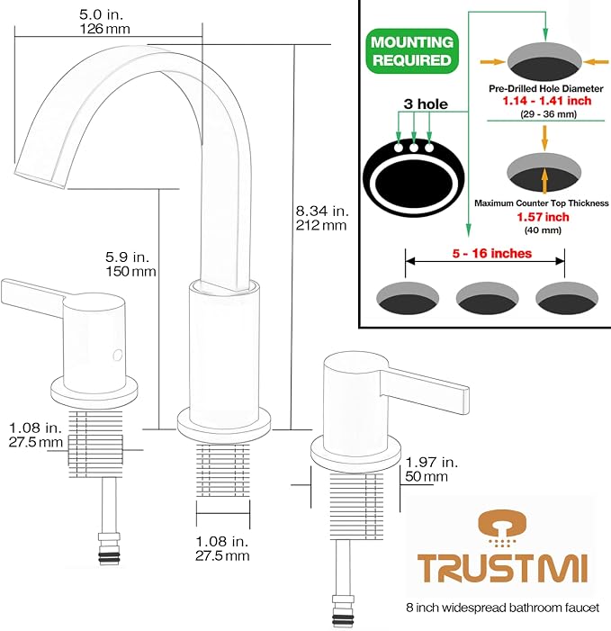 TRUSTMI 3 Hole Matte Black Bathroom Faucet 8 Inch Widespread, Brass Lavatory Vanity Sink Faucet with Overflow Pop-Up Drain and cUPC Waterlines, 360 Degree Swivel Spout