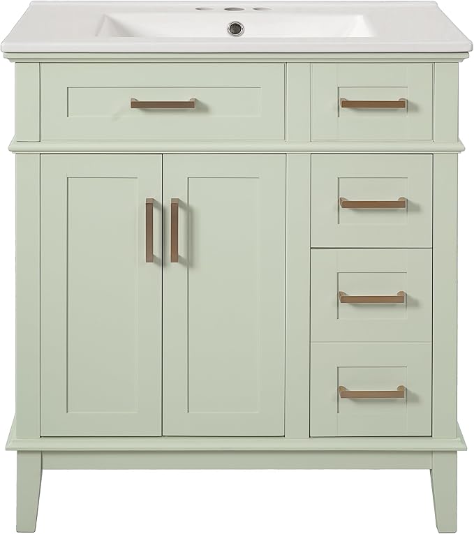 Favfurish 30" Bathroom Vanity with Ceramic Sink, Modern Storage Cabinet with Soft-Close Doors,Deep Drawer & Standard Drawer, Stylish Bath Vanity for Small Bathroom,Easy Assembly,Green