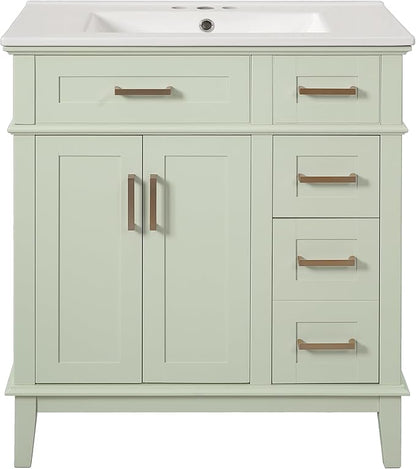 Favfurish 30" Bathroom Vanity with Ceramic Sink, Modern Storage Cabinet with Soft-Close Doors,Deep Drawer & Standard Drawer, Stylish Bath Vanity for Small Bathroom,Easy Assembly,Green