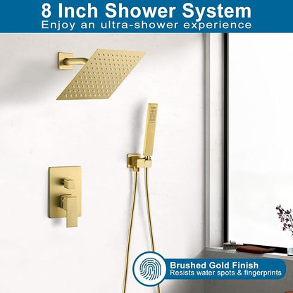 Brushed Gold Shower Faucet Set Complete Bathroom Rainfall Shower Fixture Wall Mounted 8 Inch Shower Head System and Handle Set with Rough-in Valve Body and Trim Kit