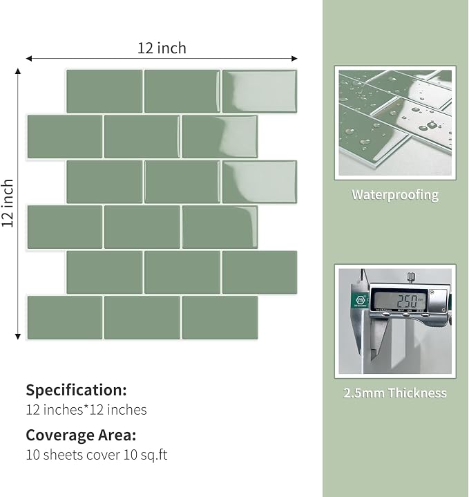 10-Sheet Thick Peel and Stick Kitchen Backsplash Tiles(Green,12"×12") | 3D Subway Waterproof Self-Adhesive Wall Tile Stick on Backsplash for Kitchen and Bathroom