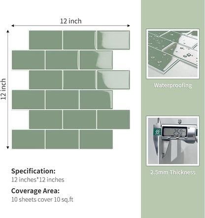 10-Sheet Thick Peel and Stick Kitchen Backsplash Tiles(Green,12"×12") | 3D Subway Waterproof Self-Adhesive Wall Tile Stick on Backsplash for Kitchen and Bathroom