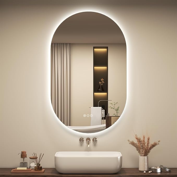 OKPAL Oval Backlit Bathroom Mirror with Lights 20 x 32, Pill-Shaped Led Lighted Vanity Mirror for Wall, Anit-Fog, Dimmable, Memory, Tempered Glass, UL (Horizontal/Vertical)